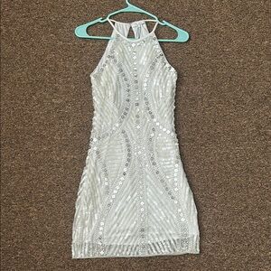Parker White Silver Sequin Halter Backless Dress